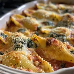 Close-up of spinach and ricotta stuffed pasta shells topped with cheese.