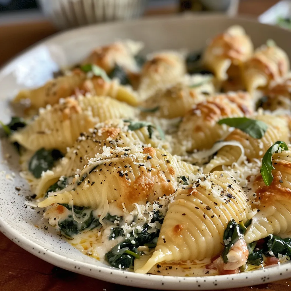Side view of baked conchinhas recheadas de espinafre e ricota on a plate.