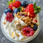 Close-up of a creamy yogurt cup topped with vibrant mixed berries and honey.