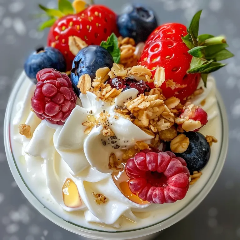 Del cias em Camadas: Copas de Iogurte com Mel e Frutas para Ado ar Seu Dia Close-up of a creamy yogurt cup topped with vibrant mixed berries and honey.