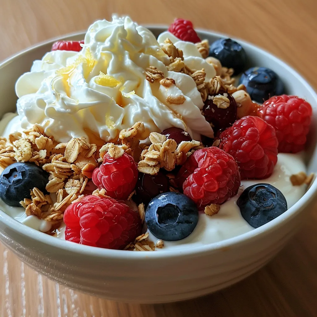 Side view of a delicious yogurt dessert showcasing fresh fruits and crunchy granola.