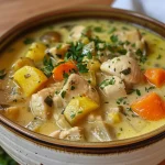 Close-up view of a creamy pumpkin soup with shredded chicken.
