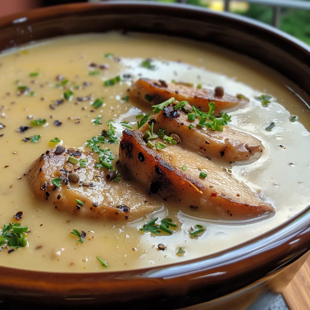 Side angle of a bowl filled with pumpkin cream and chicken garnished with herbs.
