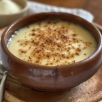Close-up of a creamy and delicious creme de milho served in a rustic bowl.