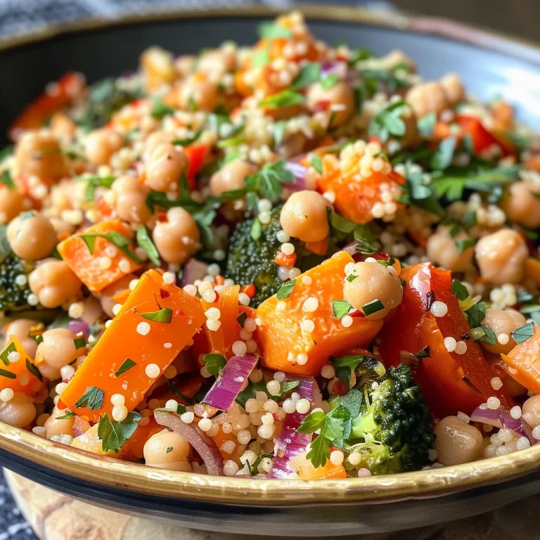 Close-up of a colorful roasted veggie couscous bowl with bright vegetables.