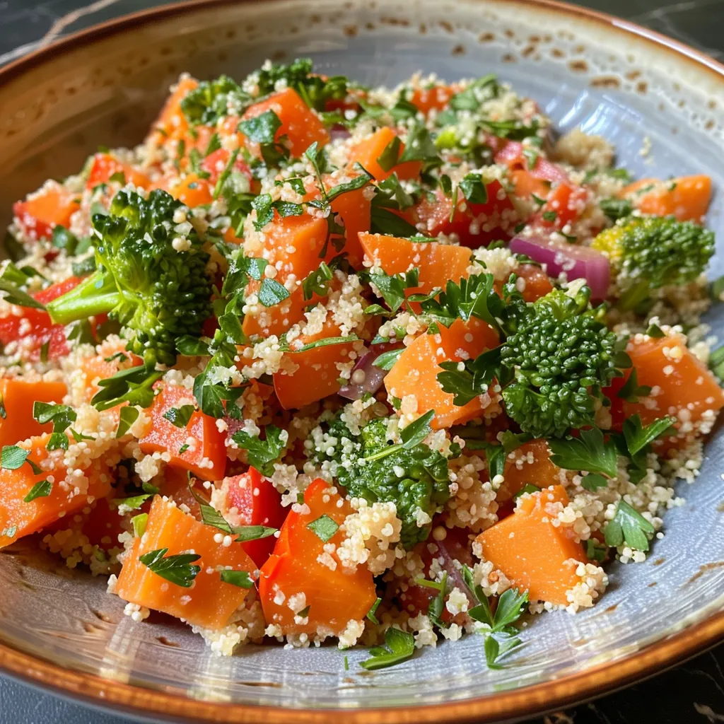 Side view of a delicious couscous bowl featuring roasted sweet potato and peppers.