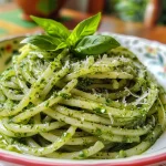 Appetizing spaghetti dish garnished with basil and parmesan.