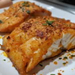 Filé de peixe branco empanado na AirFryer, mostrando a crocância e suculência.