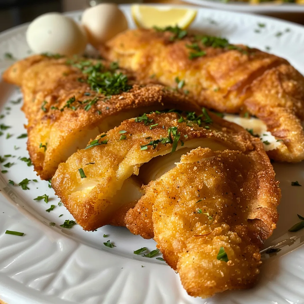 Prato de filé de peixe empanado crocante, apresentado de lado, na AirFryer.