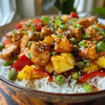 Close-up of a Sweet and Sour Chicken and Rice Bowl with colorful vegetables.