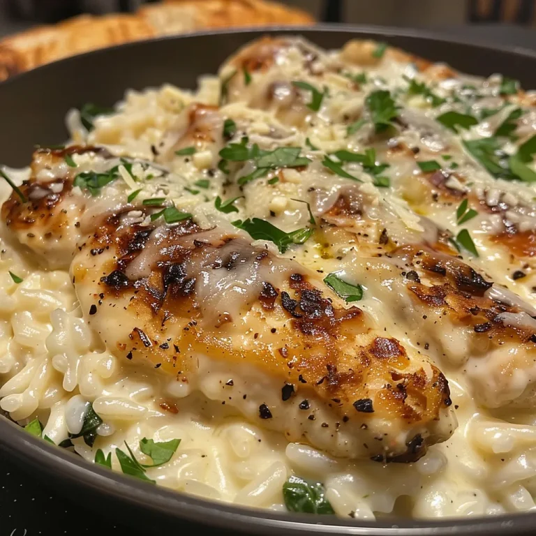 Close-up of creamy chicken Alfredo rice topped with melted cheese and spinach.