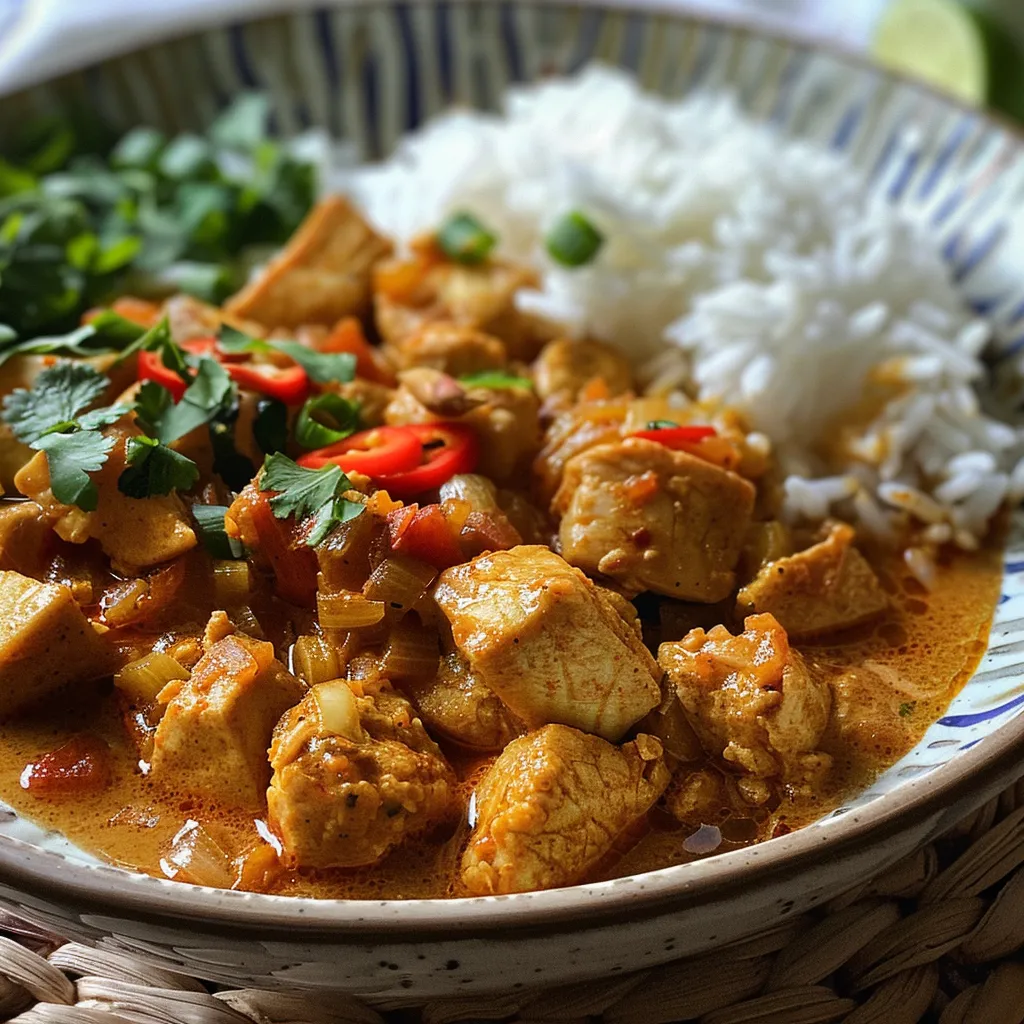 Side view of a delicious serving of Frango ao curry com leite de coco light with vibrant peppers.