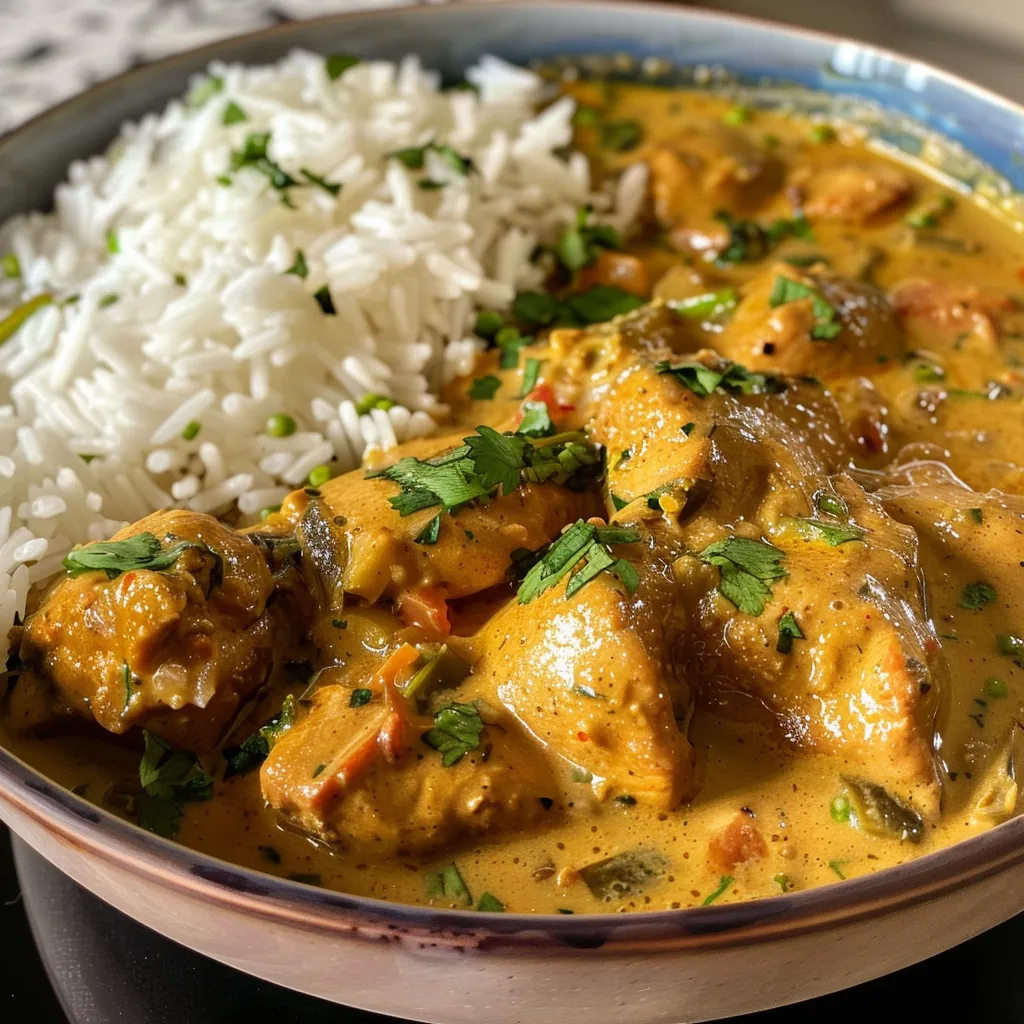 Close-up de Frango ao Molho Curry, com cebolas e especiarias visíveis no molho.