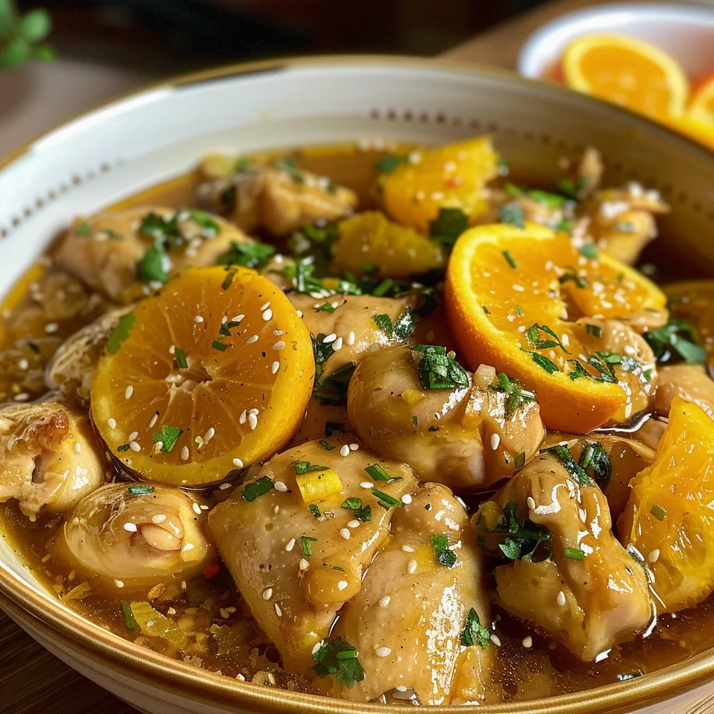 Side view of a plate filled with Frango ao molho de laranja chinês, garnished with chopped green onions.