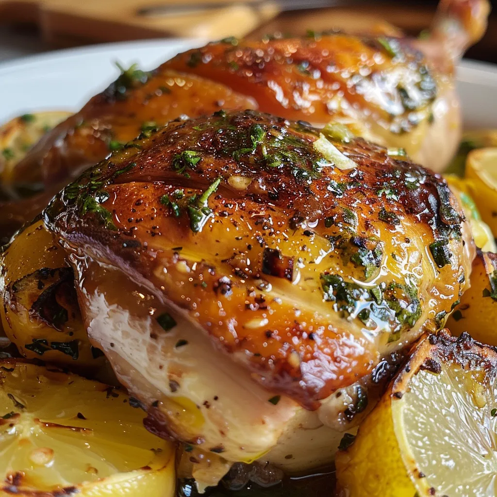 Side profile image of a juicy, golden-brown roasted chicken.