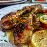 Close-up of roasted chicken with lemon wedges and herbs.
