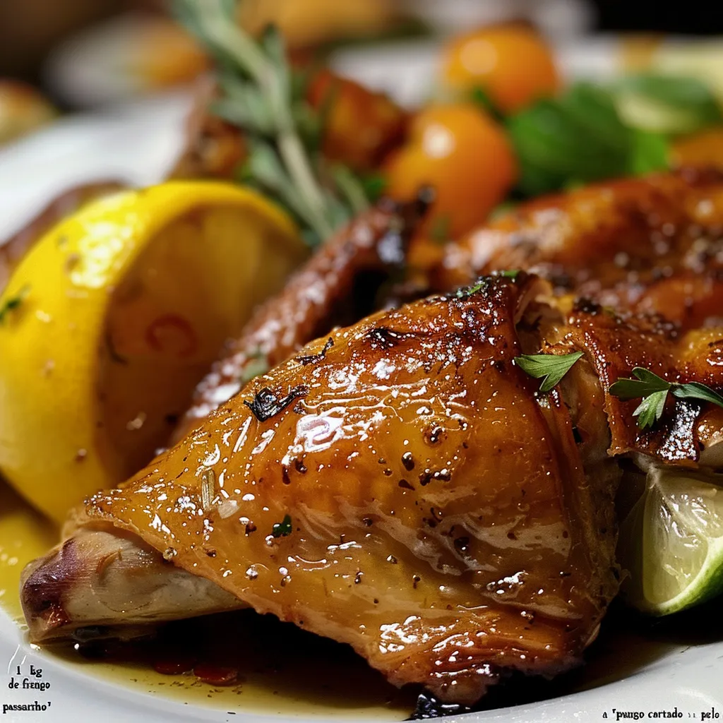 Side view of juicy roasted chicken garnished with lemon and thyme.
