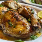 Frango assado inteiro com limão e ervas, suculento e dourado.