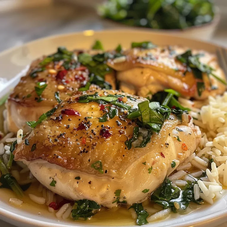 Close-up of juicy garlic chicken with spinach rice in a bowl.