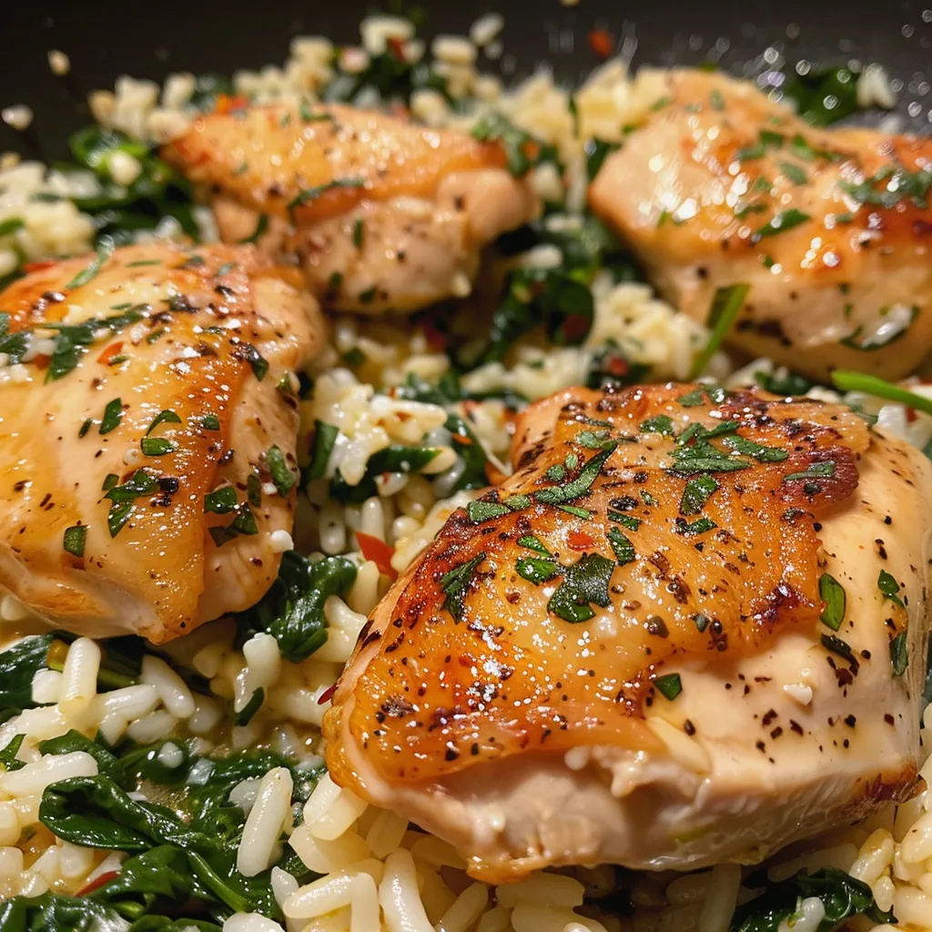 Side view of a plate featuring garlic chicken and vibrant green spinach rice.