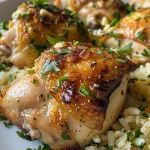 Frango com alho e arroz servido em um prato, mostrando pedaços suculentos de frango.