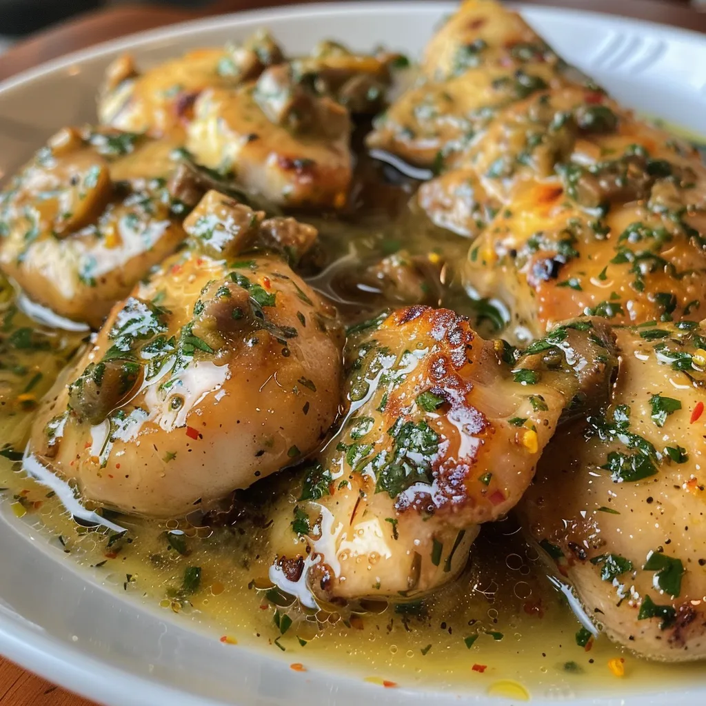 Side view of juicy chicken cubes in a creamy corn sauce, garnished with herbs.