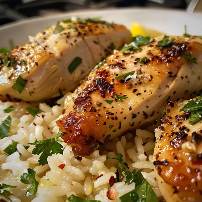 Close-up of a baked chicken thigh with herbs and rice.