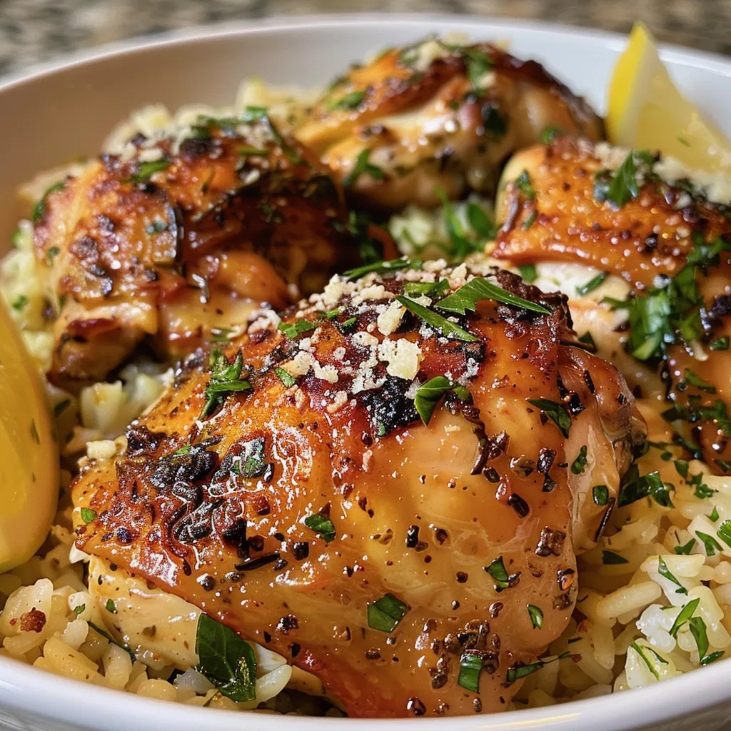 Juicy garlic herb chicken and rice served in a dish.