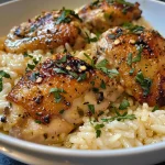Close-up of juicy garlic butter chicken served over rice with a sprinkle of fresh herbs.