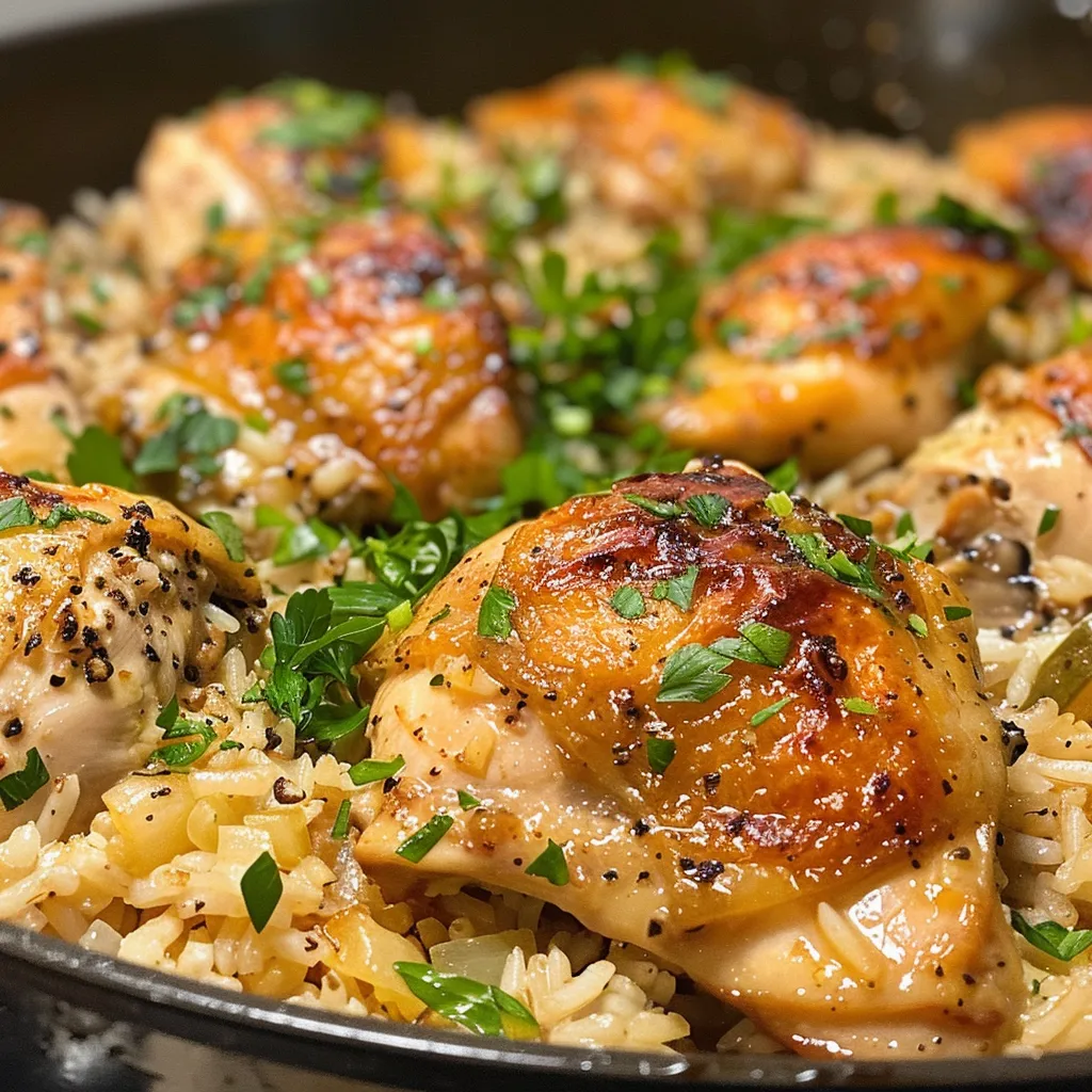 Side view of chicken thighs glazed in garlic butter on a bed of white rice.