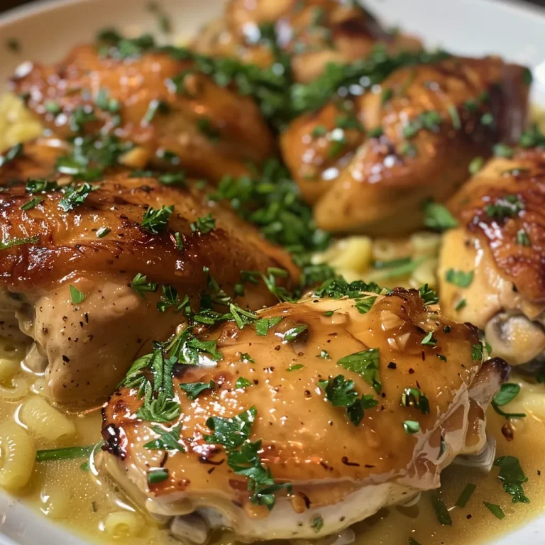 Close-up of juicy honey garlic butter chicken served with creamy macaroni and cheese.