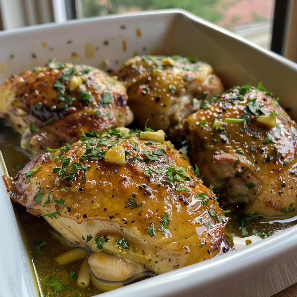 Close-up de frango grelhado caramelizado com molho de mel e alho, servido com macarrão cremoso.