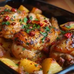Frango assado suculento servido com purê de batata cremoso em um prato.