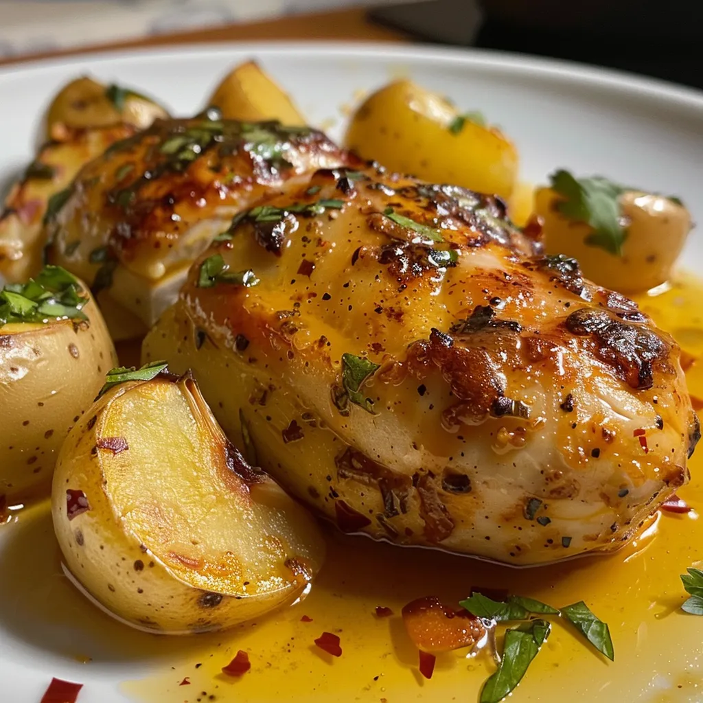 Close-up de peito de frango ao forno com uma porção de purê de batata ao lado.
