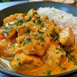 Prato de Frango cremoso ao curry, com pedaços de frango e molho amarelo cremoso.