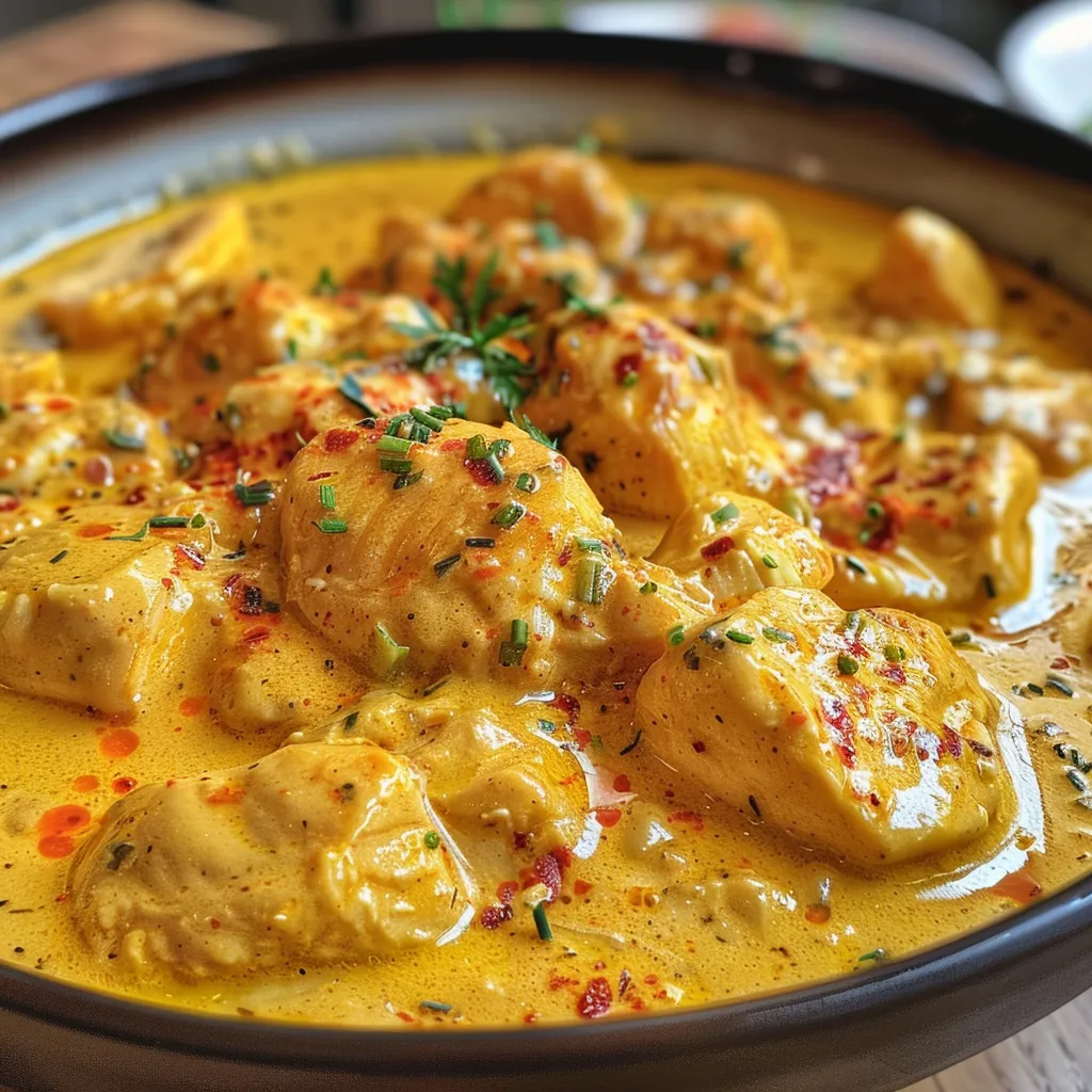 Close-up de Frango cremoso ao curry em um prato, destacando a textura do molho.
