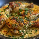 Close-up of creamy garlic chicken and spinach in a pan.