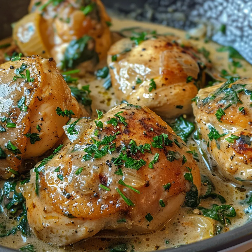 Juicy chicken breasts sautéed with garlic and fresh spinach.