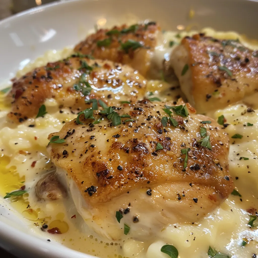 Close-up de peito de frango suculento coberto com molho de alho e parmesão.