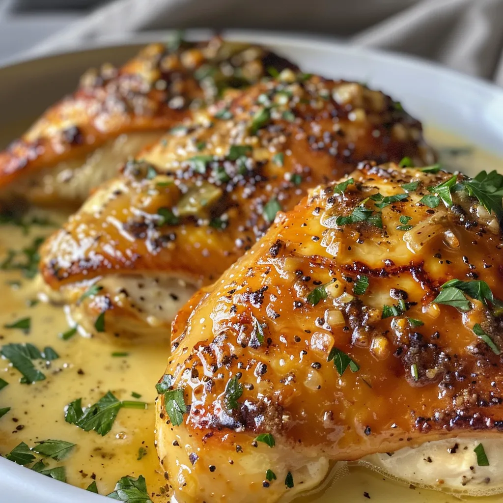 Juicy chicken pieces in a creamy garlic sauce with herbs.