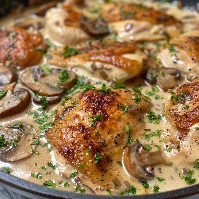 Experimente o Sabor do Frango Cremoso com Cogumelos: Uma Receita que Aquece o Cora o Peito de frango cremoso coberto com cogumelos em uma prato raso.