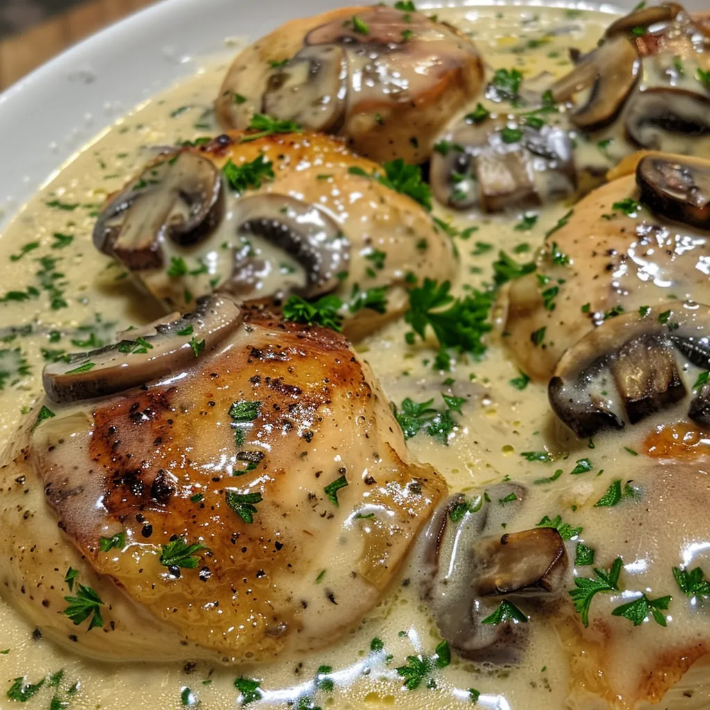 Close-up de frango cremoso com cogumelos, decorado com salsa fresca.