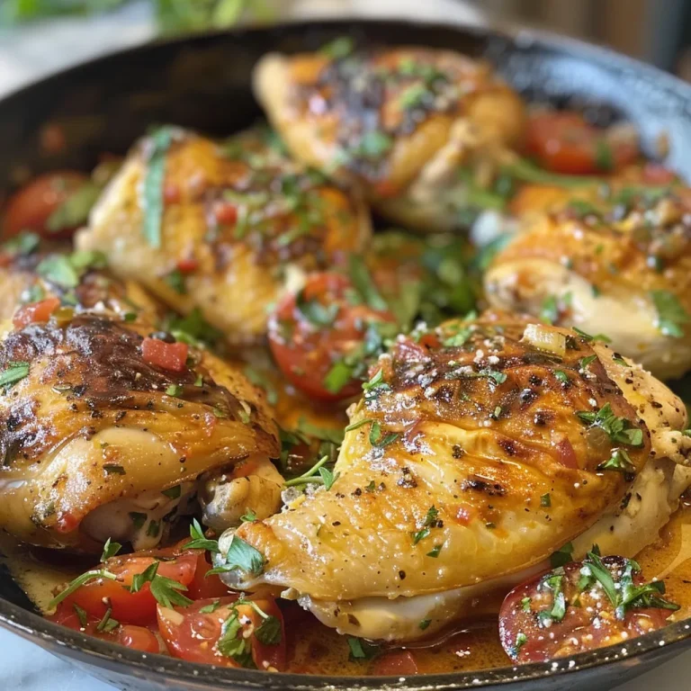 Close-up of creamy tomato chicken dish with juicy chicken pieces and a rich sauce.