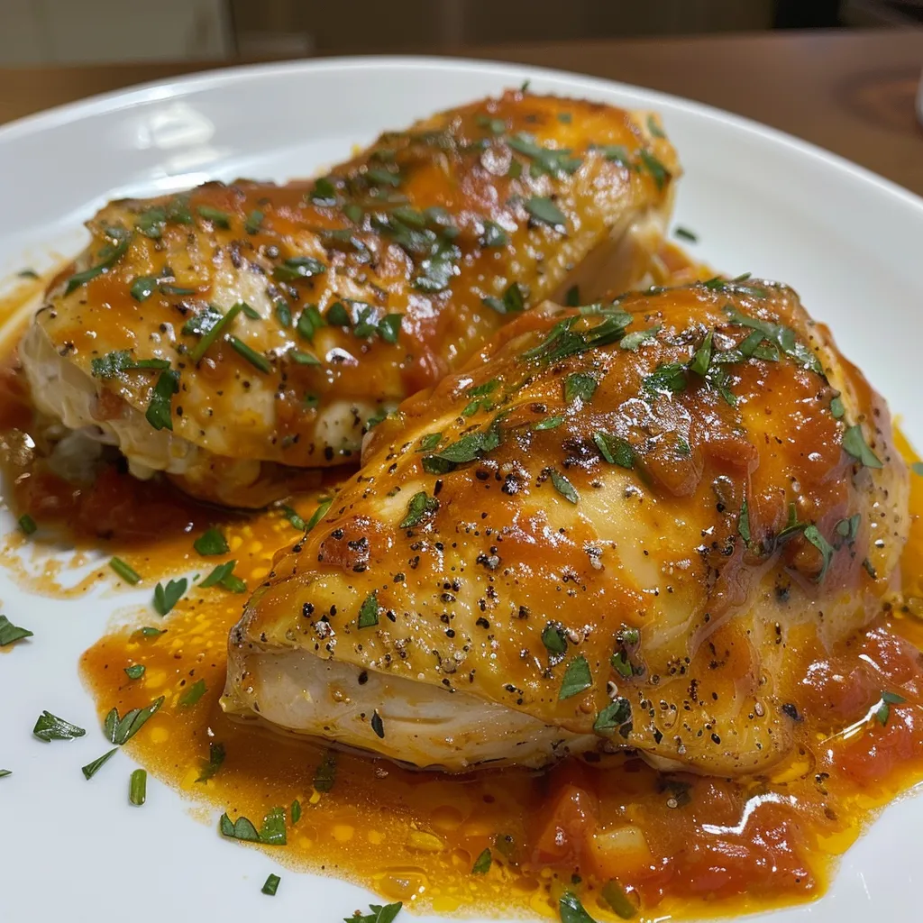 Side view of creamy chicken in tomato sauce served in a bowl, garnished with herbs.