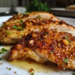 Close-up of a crispy baked chicken fillet with a golden crust.