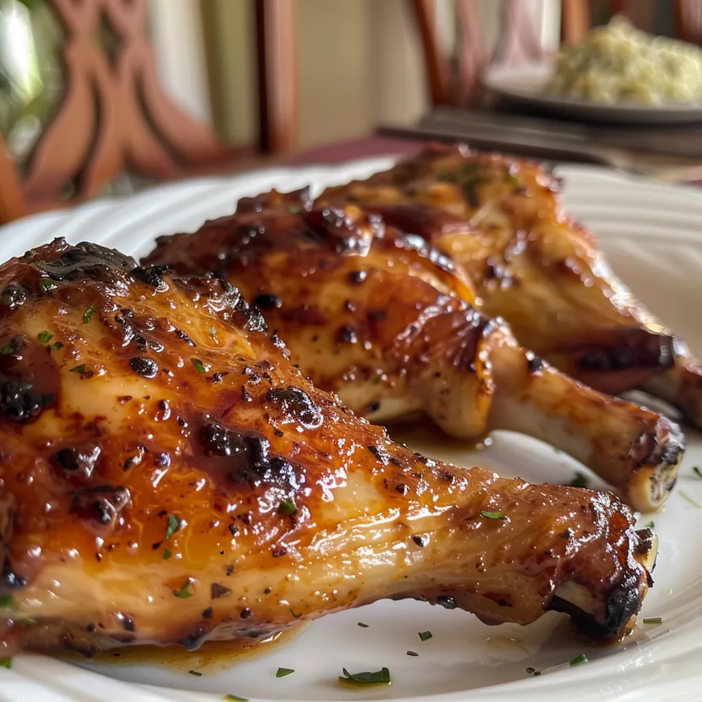 Plate of tender chicken with barbecue sauce, garnished with parsley.