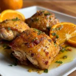 Close-up of tender frango laranja with vibrant orange sauce.