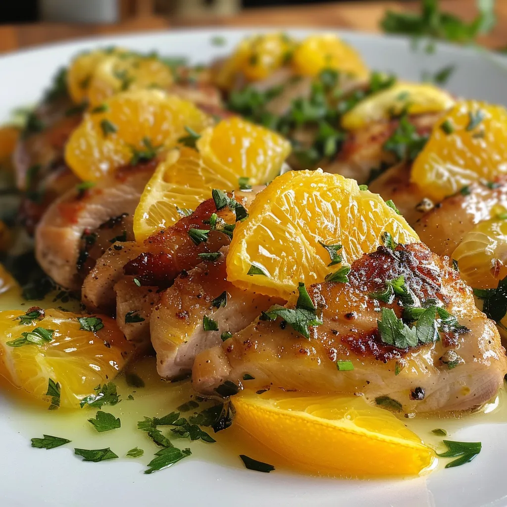 Side view of juicy chicken pieces coated in a glossy orange glaze.