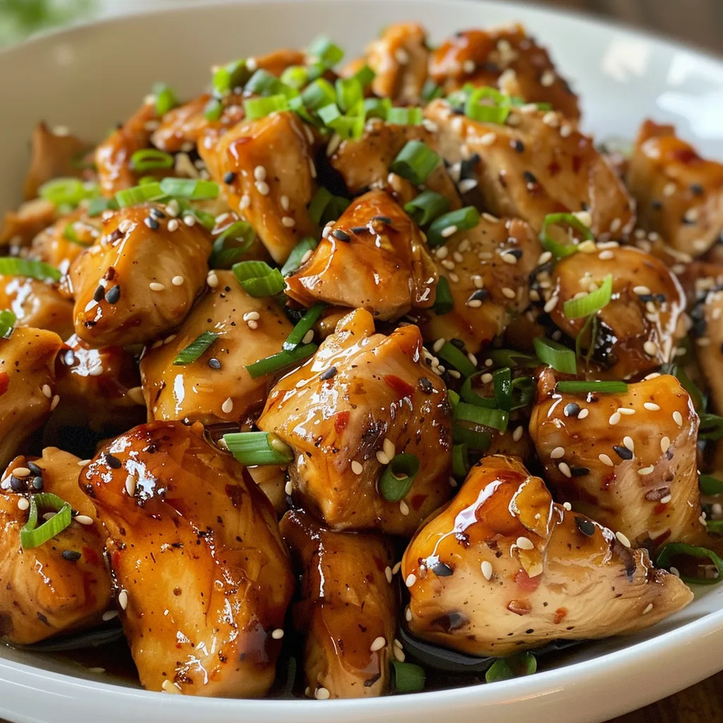 Porção de frango melado com glase brilhante e aromático, decorado com cebolinha e gergelim.