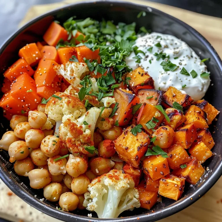 Close-up of a colorful Glow Bowl featuring roasted vegetables and tahini yogurt sauce.